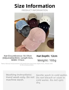 Size chart for washed baseball cap showing 56-59cm adjustable circumference and care tips