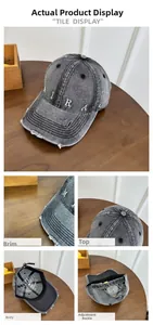 Detail of vintage washed denim baseball cap with embroidery and distressed brim texture