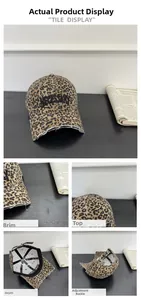 Detail view of leopard print baseball cap with 3D embroidery and frayed brim texture