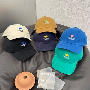 Detail view of cotton baseball caps in six colors with SATURN embroidery in minimalist style