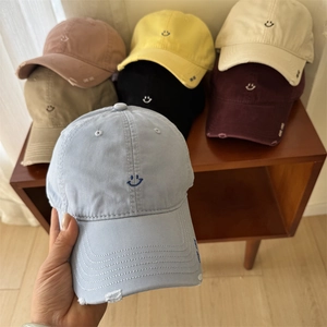 Korean Style Smiley Face Embroidered Baseball Cap For Men Women Casual Distressed Cotton Blend Adjustable Peak Hat