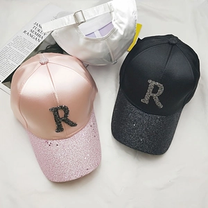 Fashion Women Satin Baseball Cap Rhinestone Letter R Sequin Brim Adjustable Peaked Cap Casual Summer Sunshade Outdoor Hat