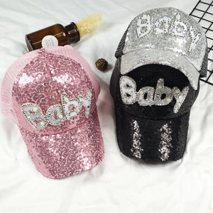 Stylish sequined baseball cap featuring sparkling Baby rhinestone letters for summer fashion