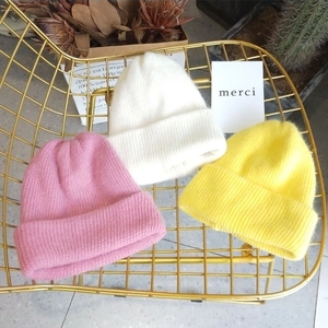 Thick double-layer angora rabbit fur knit beanies in pink white and yellow colors