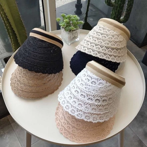 Women Korean Style Lace Straw Sun Visor Hat Hollow Out Wide Brim Open Top Beach Hat With Striped Elastic Band Summer Cap