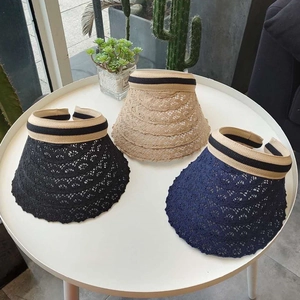 Lace straw sun visor hats for women with wide brim and elegant stripe ribbon detail