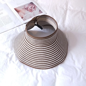 Foldable striped straw sun hat with wide brim for women's outdoor beach sun protection