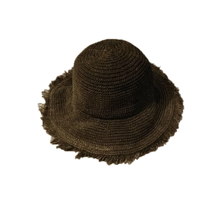 Dark brown straw sun hat with frayed edge wide brim for summer beach UV protection