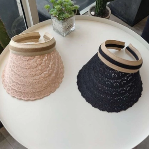 Detail of hollow lace straw sun visors in pink beige and black with floral embroidery