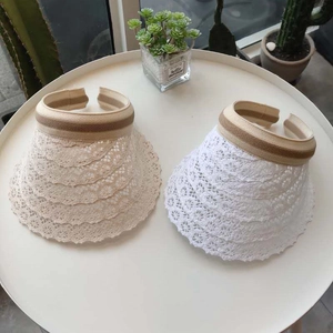Lace detail of beige and white summer straw sun visors for beach and outdoor leisure