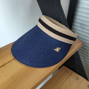 Women Sun Visor Hat Straw Empty Top UV Protection Summer Beach Wide Brim Foldable Cap With Metal Bee Decoration Striped Band