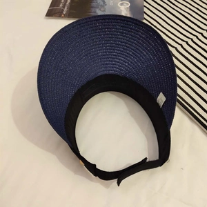 Detail view of adjustable navy straw sun visor with woven texture and velcro strap