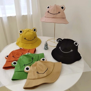 Süßer 3D Frosch Anglerhut Baumwolle Polyester Mischung Faltbarer Sonnenhut Für Damen Kinder Cartoon Froschaugen Smiley Gesicht Bestickt Fischerhut Outdoor Strandhut