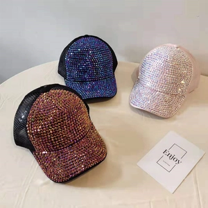 Sparkly rhinestone mesh baseball cap for women in blue, gold and silver colors