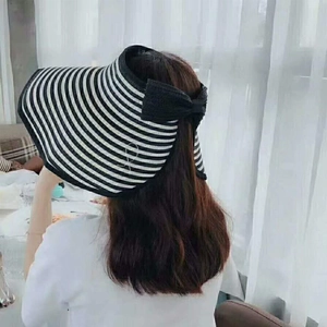 Women Summer Straw Sun Visor Hat Striped Large Brim Foldable Open Top Beach Hat UV Protection Adjustable Vacation Sunhat
