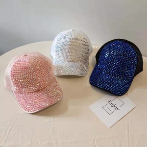 Sparkling rhinestone mesh trucker hat in pink white and blue for women's summer sun shade