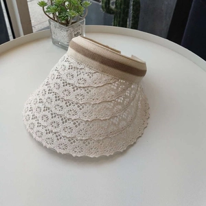 Macro view of beige straw sun hat with layered hollow lace brim and striped ribbon band