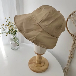 Detailed view of khaki sun hat stitching on white mannequin in a bright setting