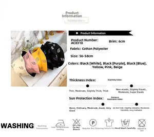 Detailed chart showing cotton-polyester bucket hat with butterfly embroidery and specs