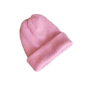 Double-layered thick angora rabbit fur knit beanie in soft pink for autumn and winter