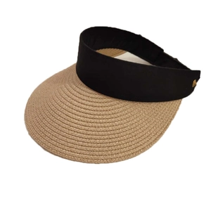 Minimalist open-top straw sun hat with brown woven brim and black fabric headband