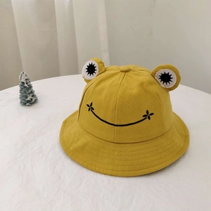 Süßer gelber Kinder Fischerhut im Frosch-Stil mit 3D-Augen und Smiley-Stickerei