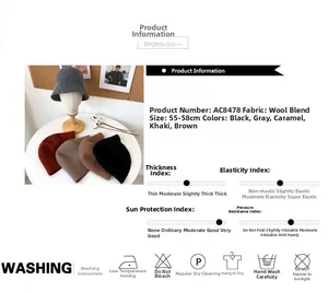 Detailed size chart and washing guide for the foldable wool blend bucket hat
