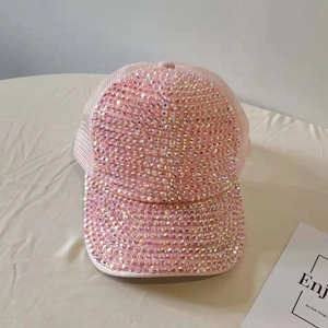 Pink rhinestone baseball cap for women with breathable mesh back and sparkly crystals