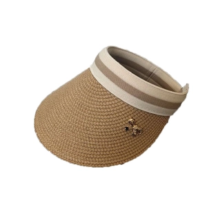 Straw open top sun hat with striped ribbon and gold bow buckle decoration