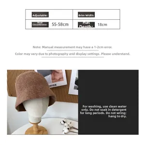 Size chart detail for vintage wool bucket hat showing 55-58cm circumference and 18cm depth