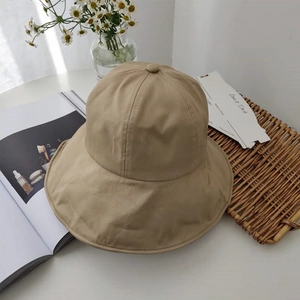 Detail of khaki wide brim sun hat with reinforced stitching and decorative top button