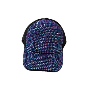Sparkling baseball cap with purple and blue rhinestones and black mesh back