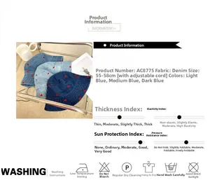 Detail view of denim bucket hats with red heart embroidery and internal adjustable drawstrings