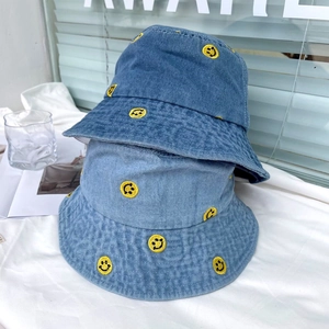 Japanese style denim bucket hats with yellow smile embroidery for sun protection