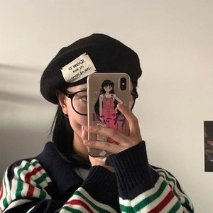 Acrylic Knitted Beret Hat For Women Autumn Winter Warm Painter Hat With Letter Patch Korean Style Student Slouchy Bonnet