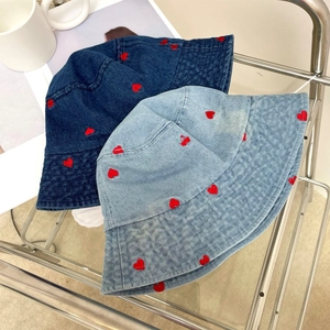 Japanese style denim bucket hats with red heart embroidery in light and dark blue colors