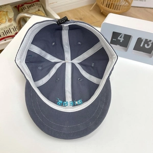 Detail view of the inner 6-panel structure and blue embroidery on dark gray baseball cap