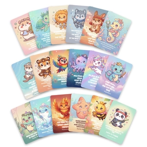 Set of 18 cute animal warrior cards with motivational quotes in pastel rainbow colors
