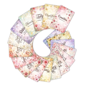 Detailed close-up of 18 watercolor floral cards with meanings in a circular arrangement