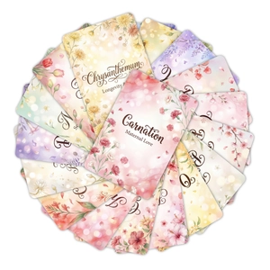 Floral art card set with watercolor plant illustrations and meanings in a radial layout