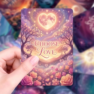 Κάρτες θετικής επιβεβαίωσης με σχέδιο Choose Love, φεγγάρι καρδιά και λουλούδια