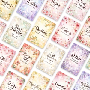 Set of 18 watercolor floral language cards with elegant hand-painted flower meanings