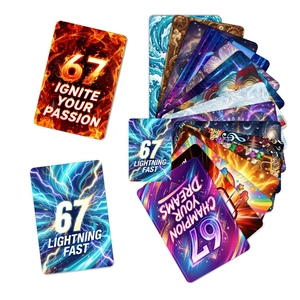 Detailed fan layout showing various motivational greeting cards with vibrant 67 designs
