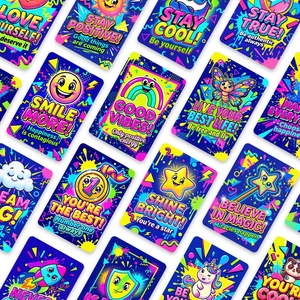 18 pack colorful retro pop art affirmation cards with motivational quotes and icons