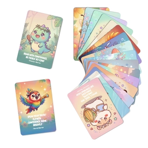 Close-up of motivational animal cards featuring colorful cartoon warrior illustrations