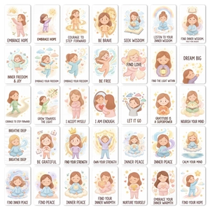 Flat lay of watercolor affirmation cards with positive phrases and soft illustrations