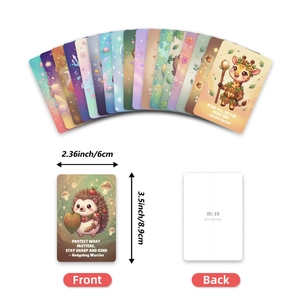 Detailed dimensions of animal warrior affirmation cards showing front and back layout