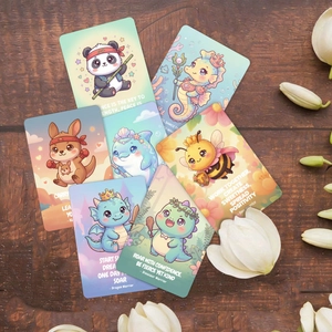 Detail of 18 cute animal warrior motivational cards with positive quotes on wooden background