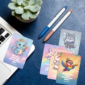 Detail showing high-quality motivational animal warrior cards with rounded corners