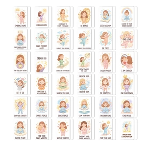 Flat lay of 36 watercolor bedtime emotion cards with healing illustrations for children